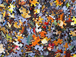 Unassembled pieces of a jigsaw puzzle