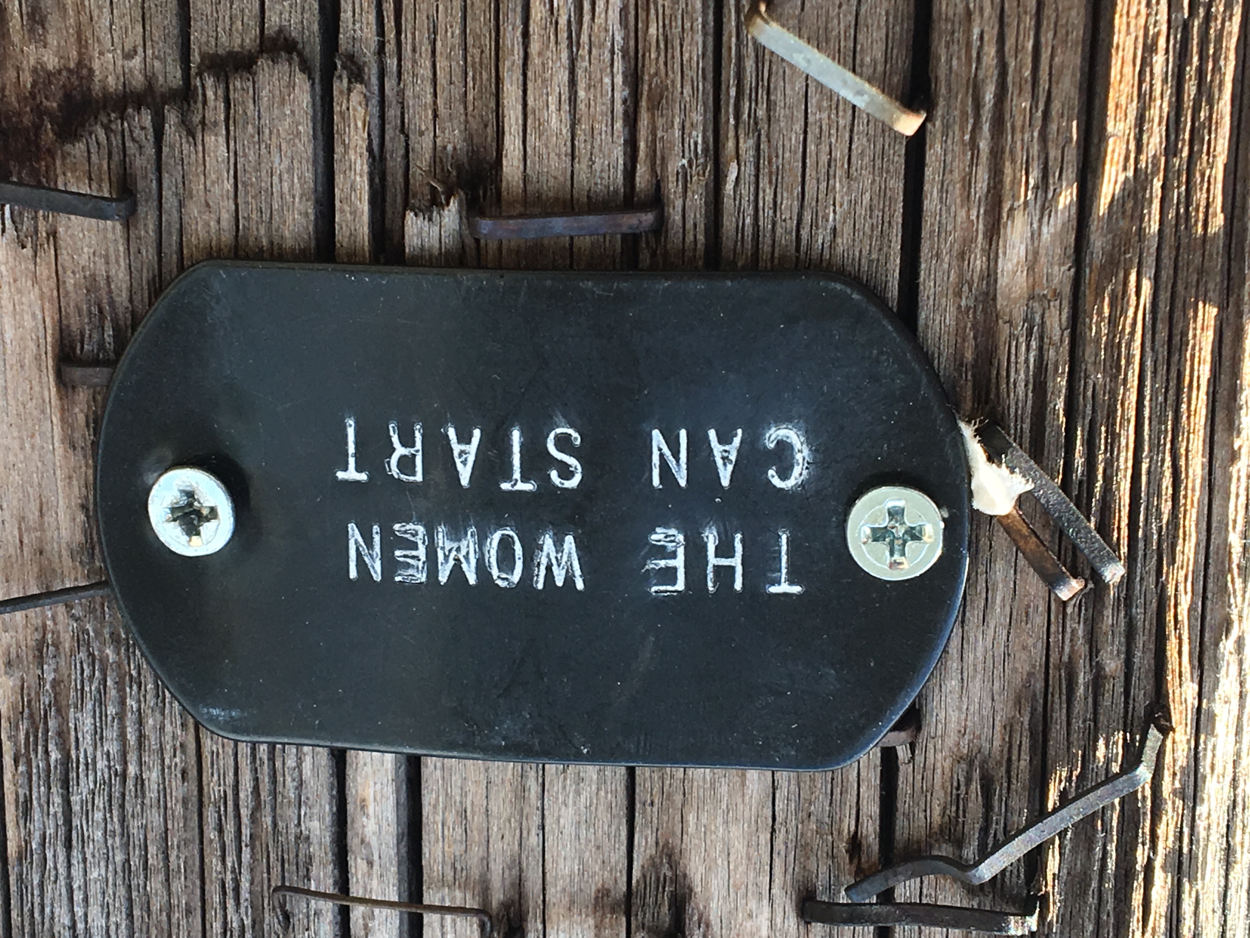 An oblong patch of black leather, with the words 'The Women Can Start' stamped on it in white. It is screwed onto a wooden utility pole.